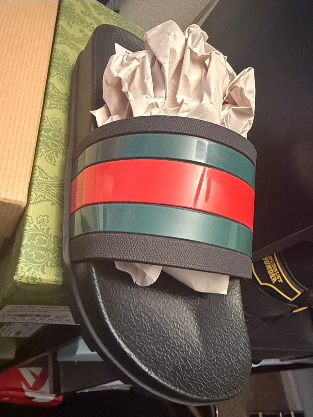 Gucci Men Black Slides with Red and Green Stripe Band